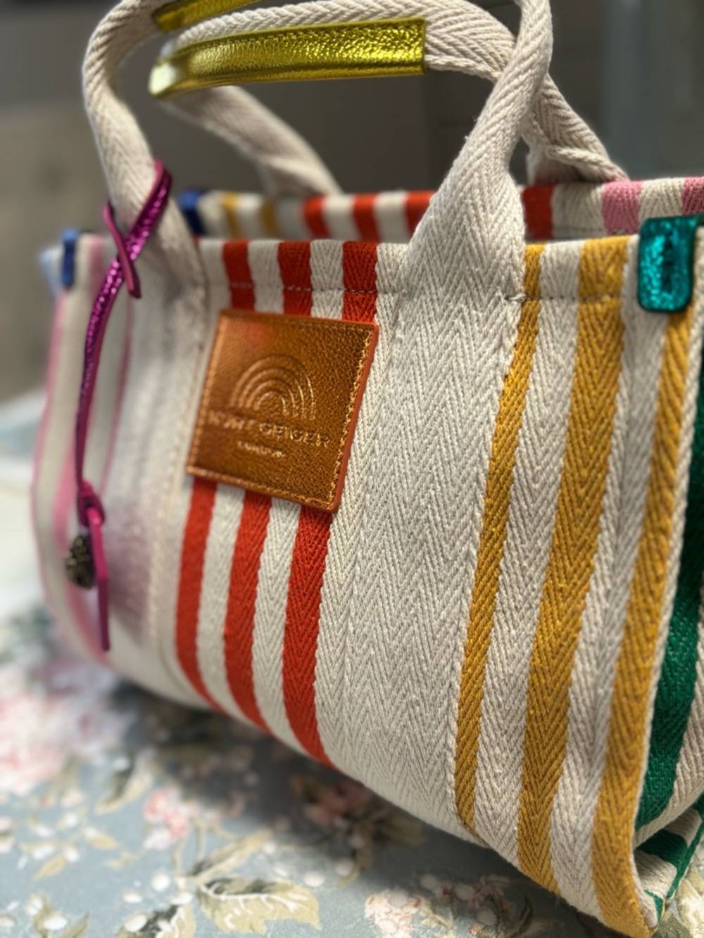 Kurt Geiger Striped Canvas Tote in Pink, Orange, Yellow & Green - Picture 14 of 16